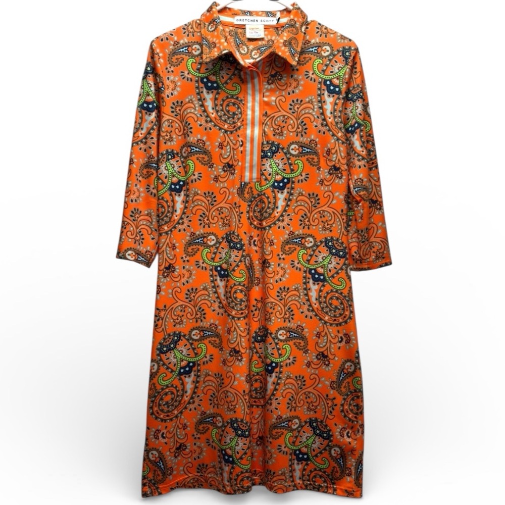 Gretchen Scott Womens Orange Paisley “Everywhere” Dress, Med, Orange Green Black